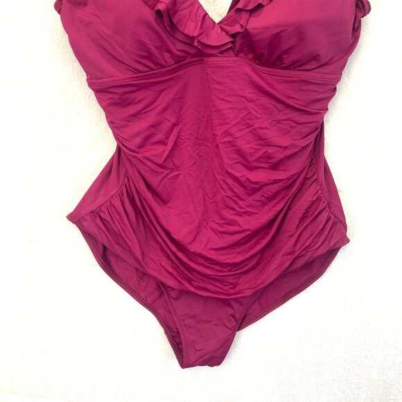Lauren Ralph Lauren Ruffle Ruched One Piece Swimsuit 16 Fuchsia Pink Slimming - Picture 4 of 14